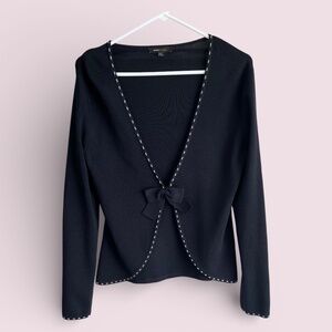 BCBGMaxAzria Black Cardigan Bow Closure White Pickstitching Sz L